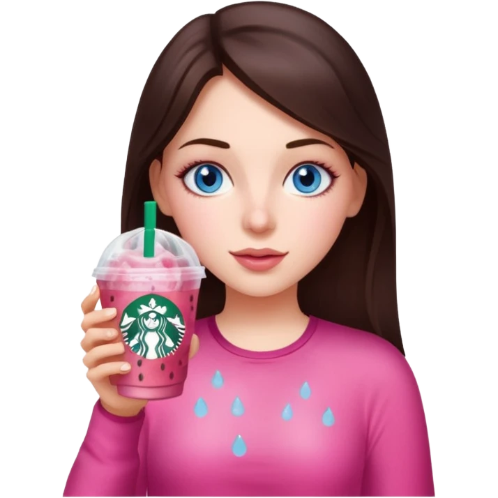 make an emoji of a brunette blue eye girl wearing pink drinking a strawberry acai refresher from starbucks emoji