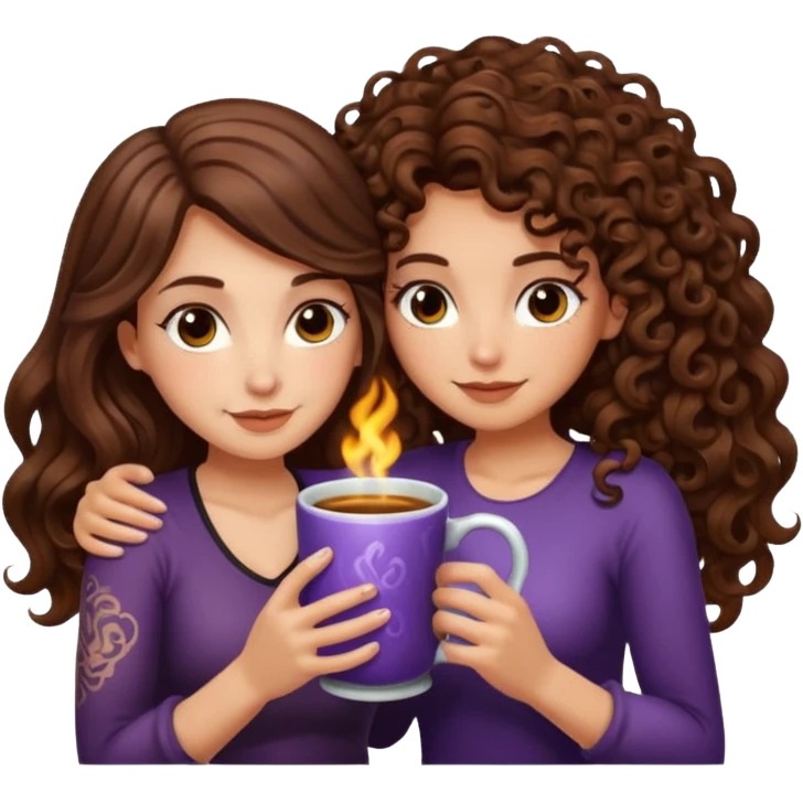 warm potion break — long wavy brown hair tattooed woman and short tight curly brown hair woman — hugging glowing mug emoji