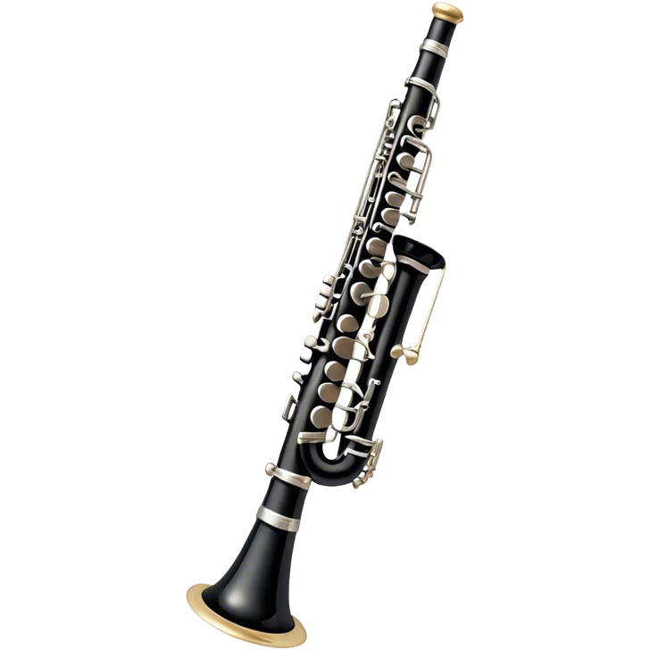 Create an emoji, representing a black standard clarinet. The design should feature a smooth, glossy black body of the clarinet with shiny, silver keys clearly visible. Highlight the intricate details of the mouthpiece and reed at the top, while the body of the instrument should remain simple and elegant. Add subtle musical notes or soundwaves floating around the instrument to symbolize its clear, melodic sound. Use black for the body, silver for the keys, and soft lighting effects to give the instrument a polished, sophisticated look. The background should be transparent. emoji