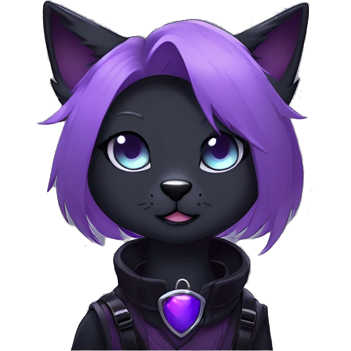 Gorgeous furry gothic dark techwear anime style anthro black cat furry sona Fakemon with blushing face aesthetic and pretty edgy black with violet collar and harness trending style emoji