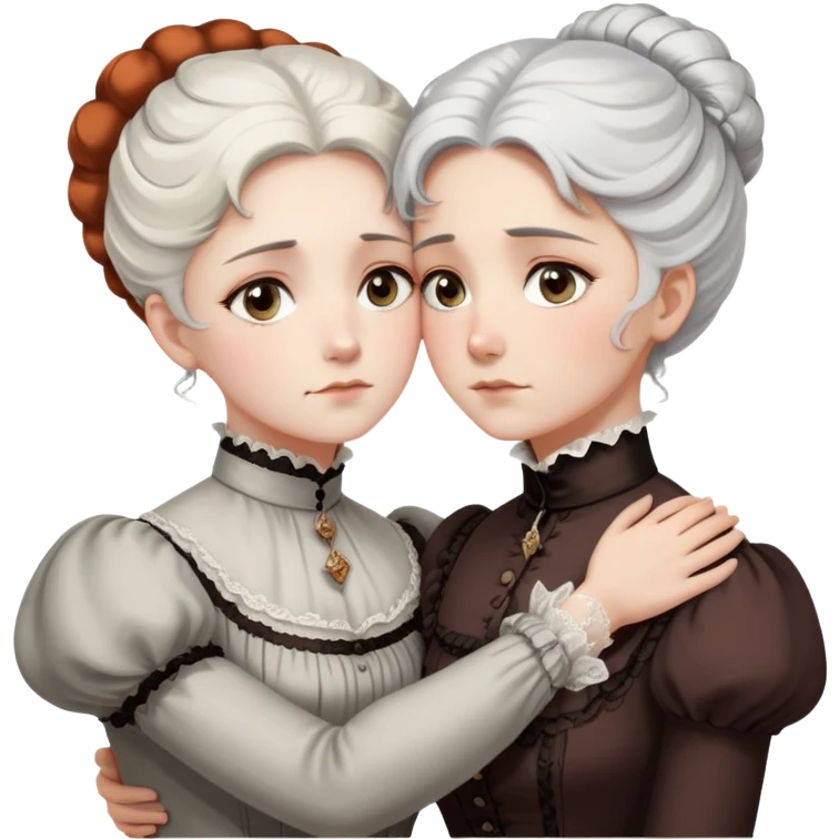 Two Victorian women with grey eyes in a sad, intimate hug. One has bright white coiffed hair, the other has dark copper coiffed hair. Both wearing Victorian high-neck dresses and embracing tightly. emoji