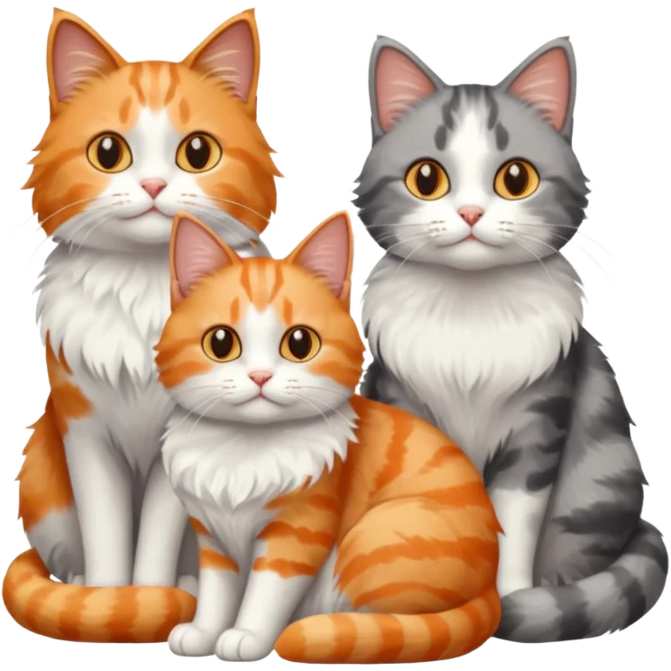 a fluffy grey and white cat sitting with 2 other cats emoji