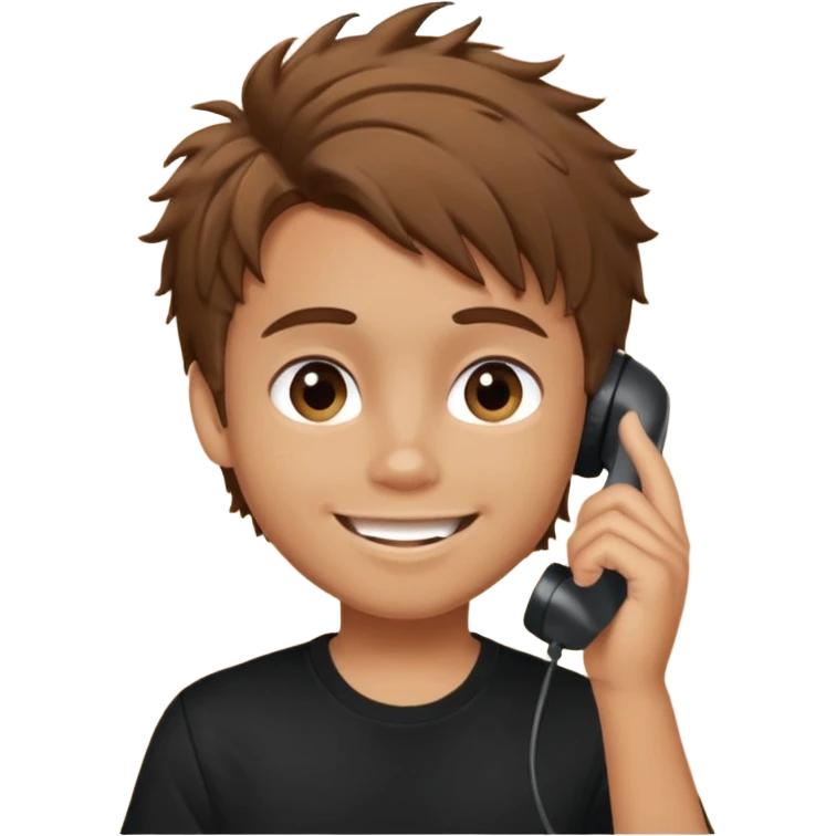 generate a pretty tan bratz boy with brown messy hair smiling while talking on call. Wearing a black tshirt emoji