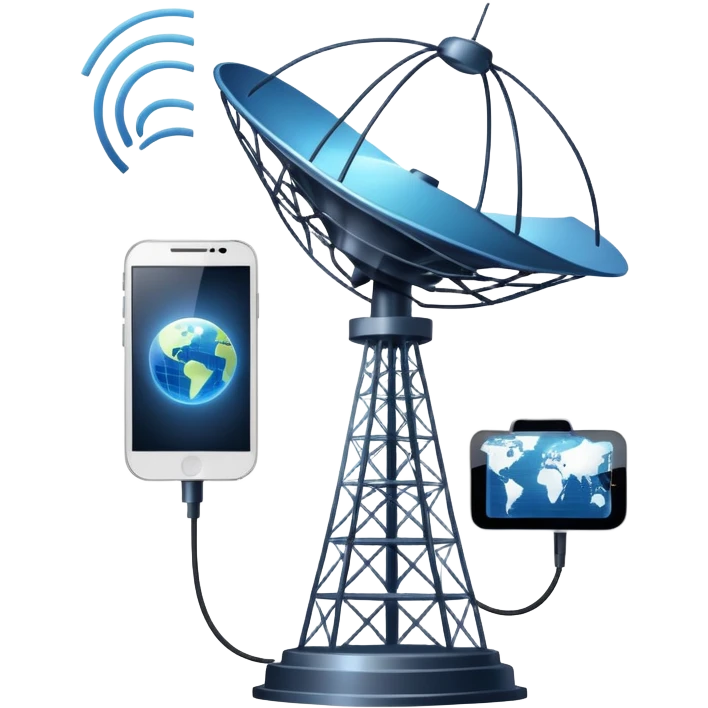 An icon featuring a satellite dish, a cell tower emitting signals, and a smartphone displaying a chat interface. The design includes fiber-optic cables and data waves, symbolizing global communication, connectivity, and information exchange. Transparent background. emoji