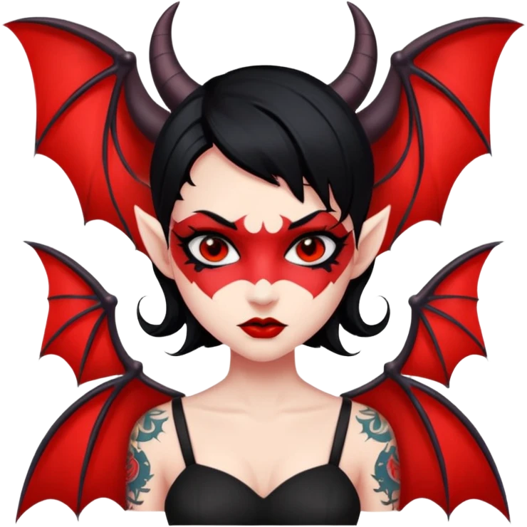 Demon girl: red skin, black hair, small horns, bat wing; tattoo-flash comic style; red/black palette; bold outlines; dark background; no text. emoji