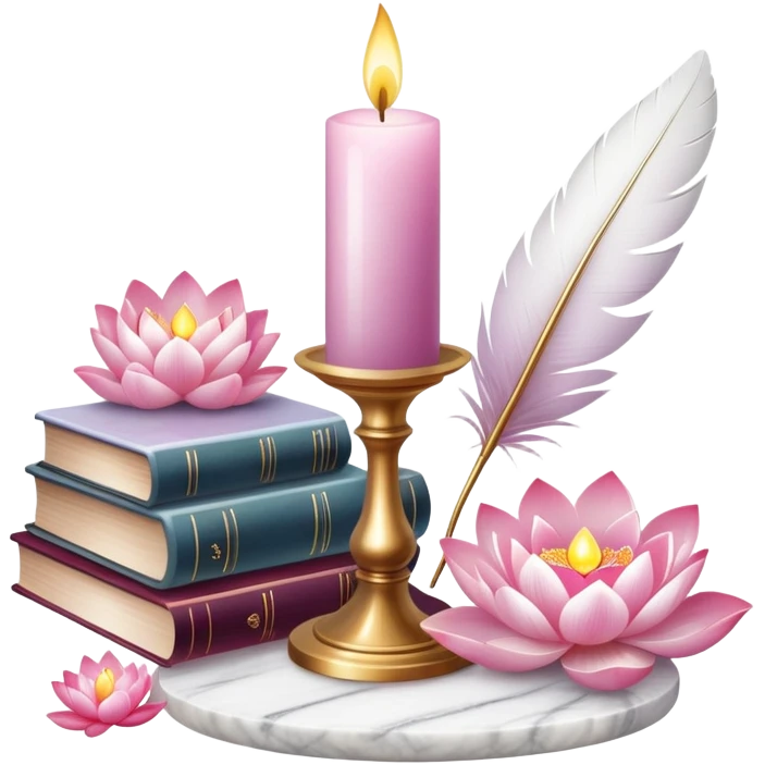 Aesthetic candles, flower petals, books, marble stand, crystal stones, lotus, feathers, emoji