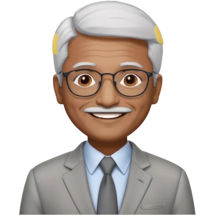 60 yr old indian man, short straight white hair brushed foreward , light grey business suit, big smile, dark brown skin, no moustache, dark brown eyes, glasses
 emoji