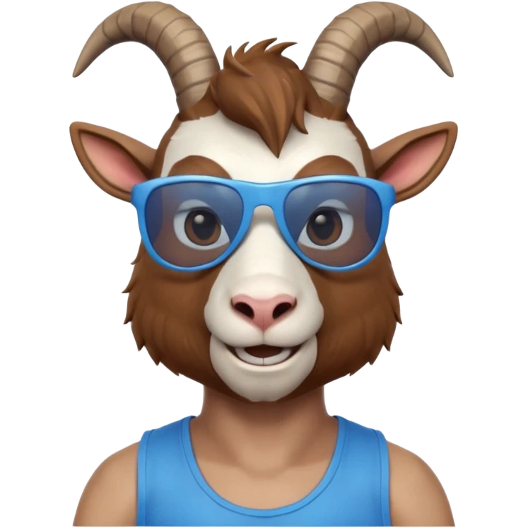3D cartoon goat man portrait, head and shoulders, brown fur, small horns, blue reflective sunglasses, slight smile, tank top, soft lighting, centered, clean background, no text, no watermark
 emoji