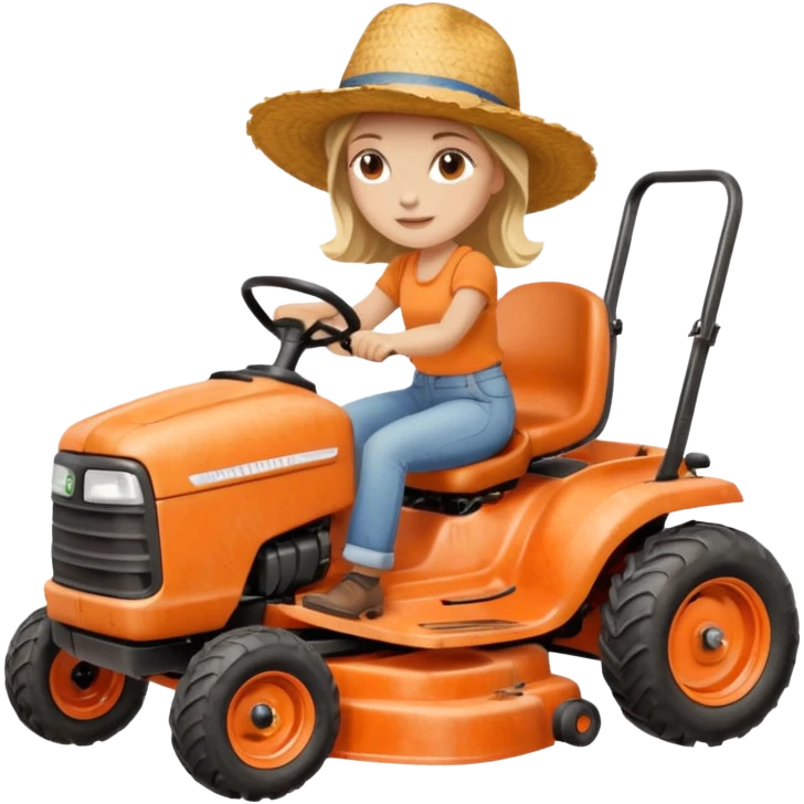 White woman without glasses wearing a straw hat, on old orange ride on lawn mower.  emoji