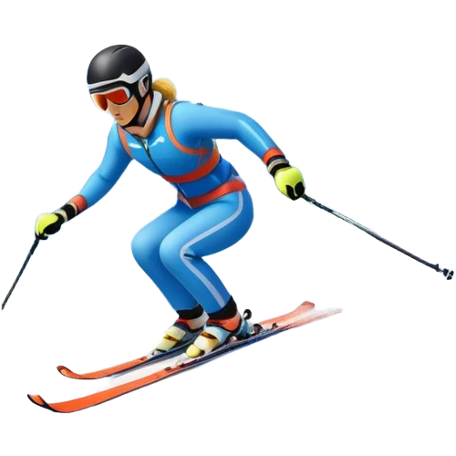 An icon featuring a skier racing down a snow-covered slope, surrounded by snowy peaks, pine trees, and a picturesque mountain landscape. The sky is blue with soft clouds, capturing the thrill and beauty of alpine skiing. Transparent background highlights the excitement and serenity of winter sports. emoji