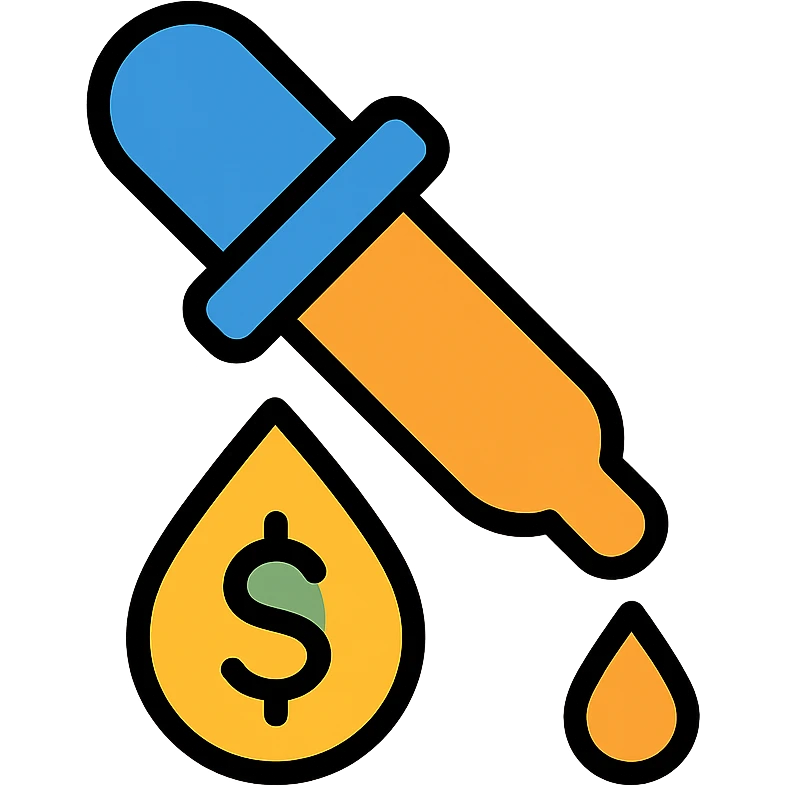 colored icon of a pipette with a golden drop, dollar sign inside the drop emoji