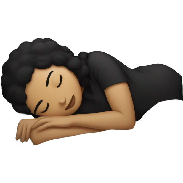 Sleeping woman with light skin and black hair laying on pillow in large bed with black covers cozy emoji