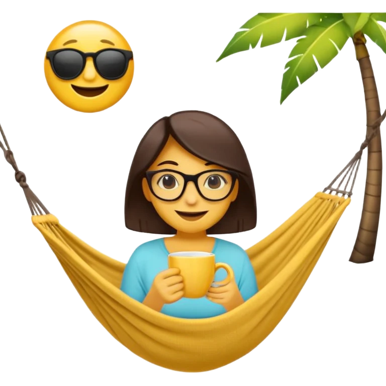 Créer un emoji stylisé et coloré représentant le week-end, joyeux et relaxant. L’emoji doit être rond, lumineux, avec un visage souriant ou des lunettes de soleil teint noir. Ajouter des éléments évoquant le repos ou le plaisir : café, hamac, soleil, musique, détente.  emoji