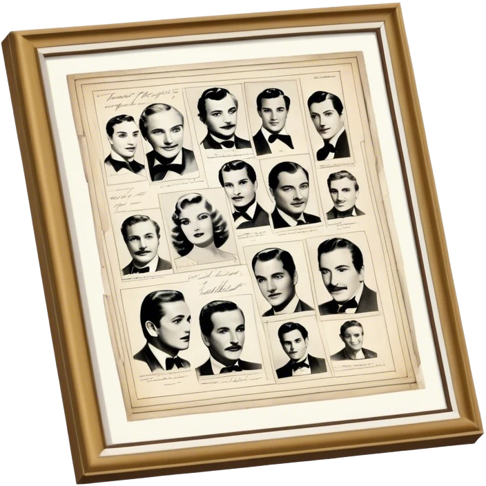 Icon for Autograph Collecting: several vintage framed with signatures of famous celebrities sheets stacked one on top of the other, each . The icon should evoke the charm and history of collecting autographs. Transparent background. emoji