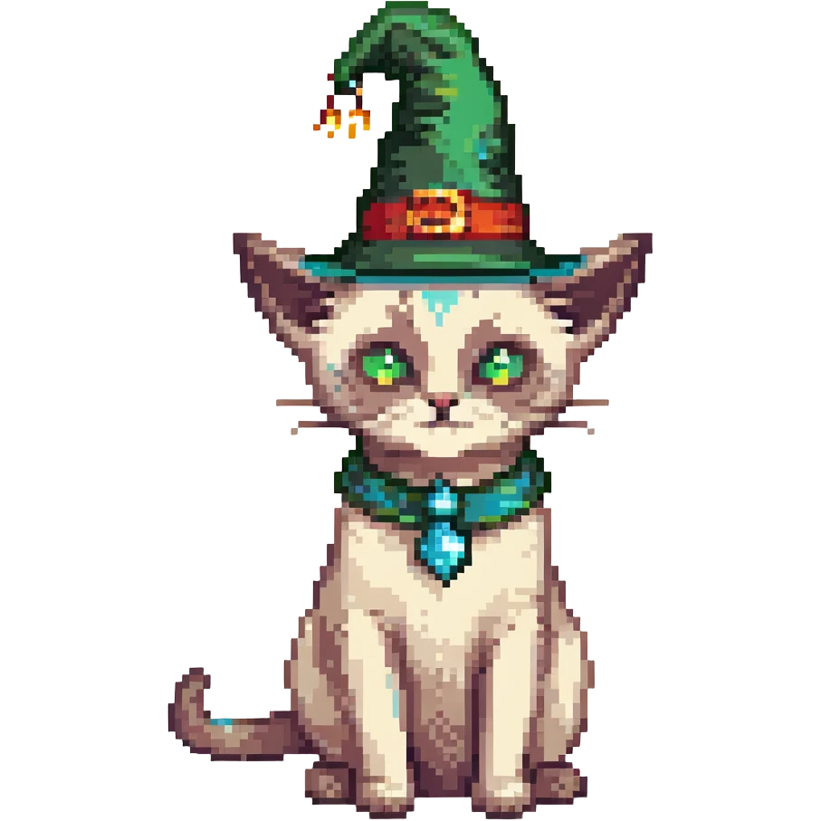 A pixel art image of a Siamese cat wizard with a green hat. emoji