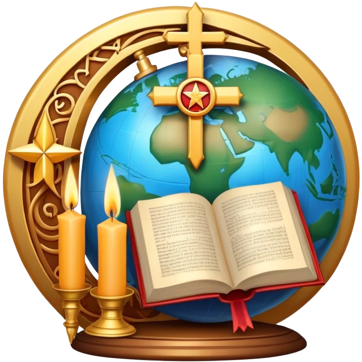An icon featuring a holy book, a candle, a cross, and Islamic crescent and star, alongside a Buddhist wheel of Dharma, symbolizing religious studies. The design includes a globe with these symbols, representing the diversity of beliefs. Transparent background  emoji