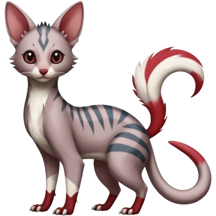 Minccino-Lykoi-Civet-Sphynx-Linoone-Zangoose-fusion-hybrid-animal-Fakémon-creature, full body, thin long sleek scaly tail, intricate markings emoji