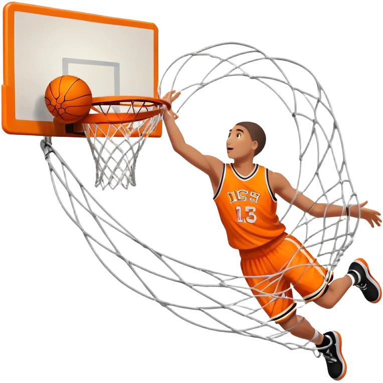A close-up shot of a basketball soaring through the air and perfectly swishing into the basketball hoop. The ball is in mid-motion, with the net gently moving as the ball makes contact. The background shows a vibrant court with clear markings, capturing the excitement of a successful shot emoji