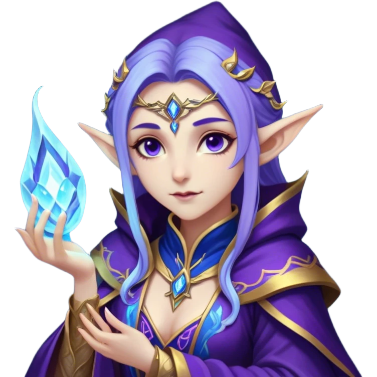 Cinematic Realistic WoW Elf Mage Portrait, head tilted epicly and inquisitively, showcasing a commanding presence and graceful arcane power. Her luminous, porcelain-like skin and delicate features, framed by an intricately detailed robe in deep blues and purples with golden accents, are rendered with lifelike clarity and dramatic, mystical lighting, high shine, epic and awe-inspiring, embodying the timeless magic of an elven mage poised to reshape destiny. emoji