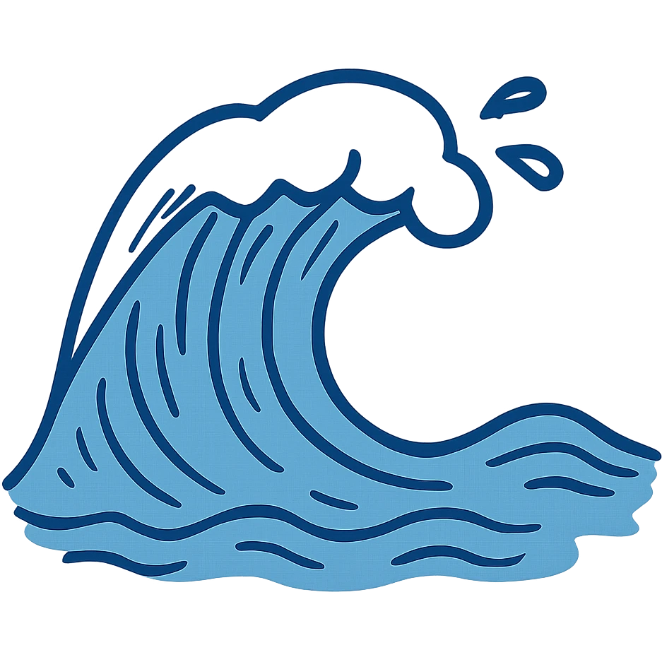 Notion style hand drawn doodle of a stylized ocean wave in blue emoji