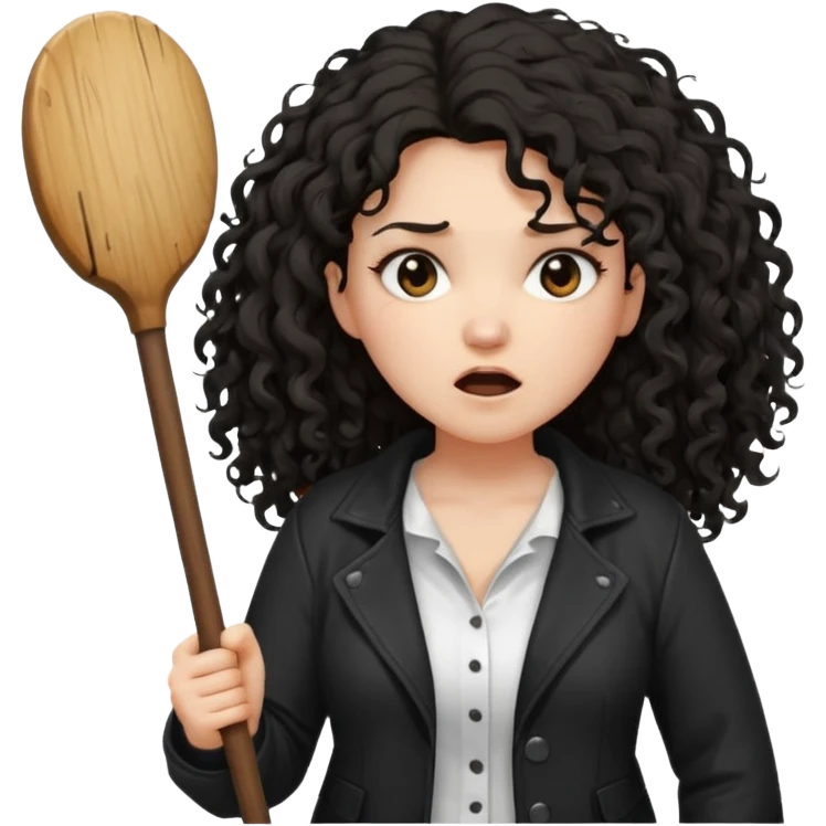 Hej, proszę wygeneruj mi emoji która przedstawia kobietę biała karnacja długie czarne kręcone rozczochrane włosy lekko grubsza, ubrana jest w białą koszulkę oraz czarną rozpiętą kurtkę jest w furii trzyma w rękach wielki badyl emoji