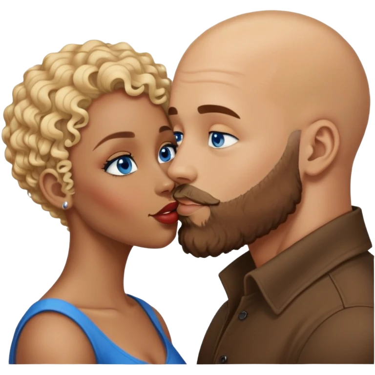 bald head man with beard kissing African woman with blue eyes and curly blonde hair emoji