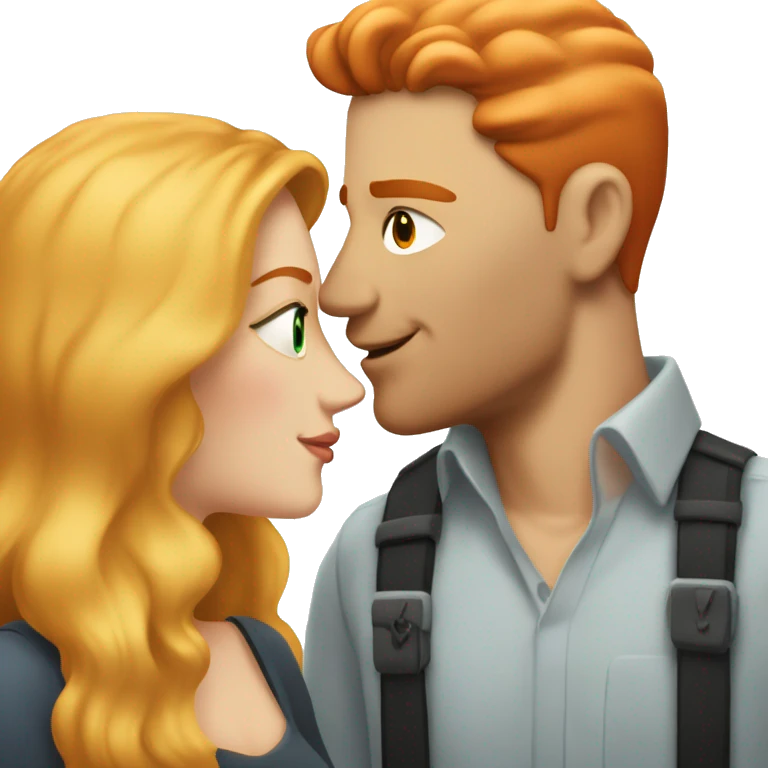 Tall man with short edgy bright red hair, no beard, kissing a woman with long blonde hair, both with fair skin, emoji