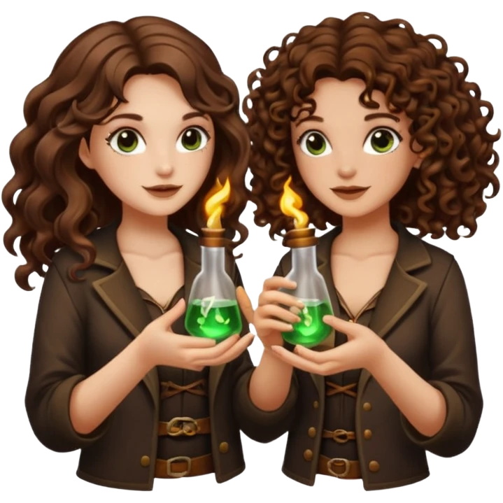 two forest alchemist women one long wavy brown hair tattoos one short tight curly brown hair clinking glowing vials emoji