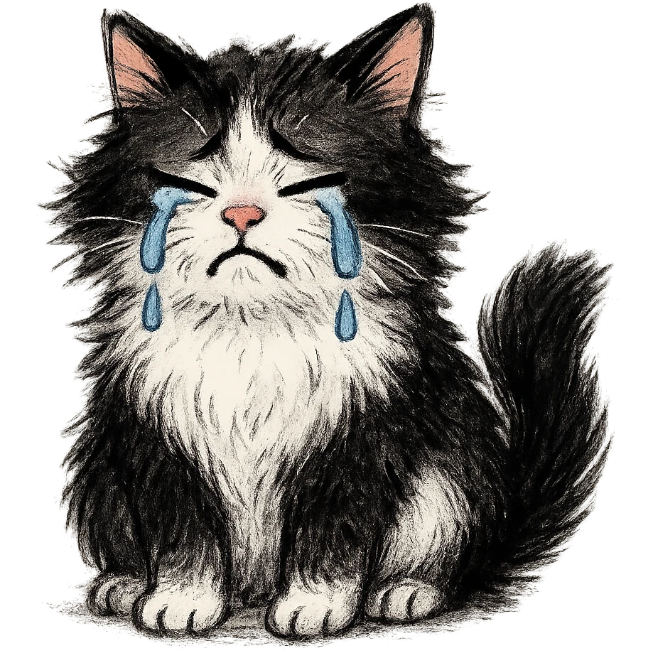 a fluffy black and white cat with a crying expression, varied style emoji