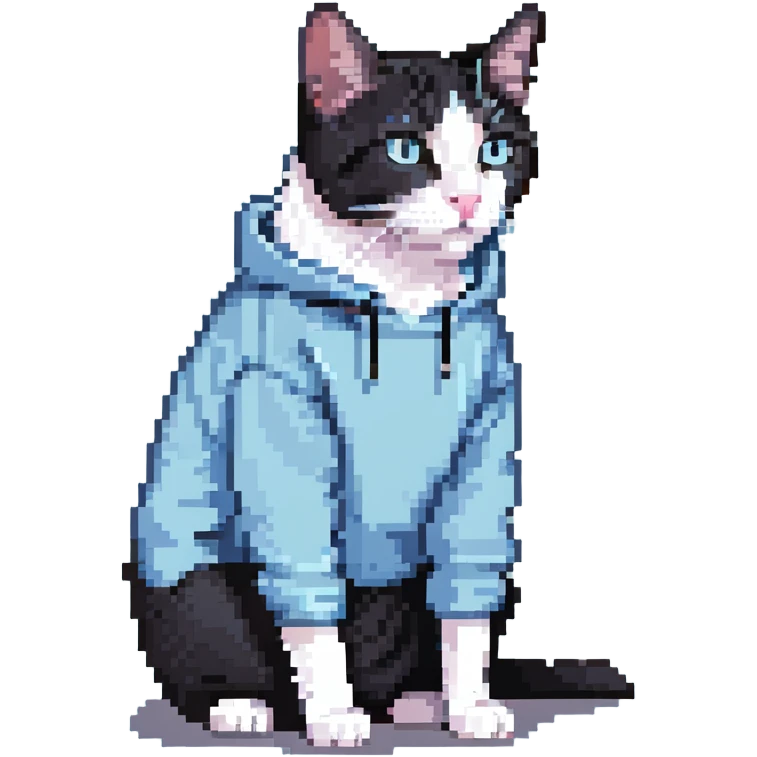 black and white cat wearing light blue sweatshirt emoji