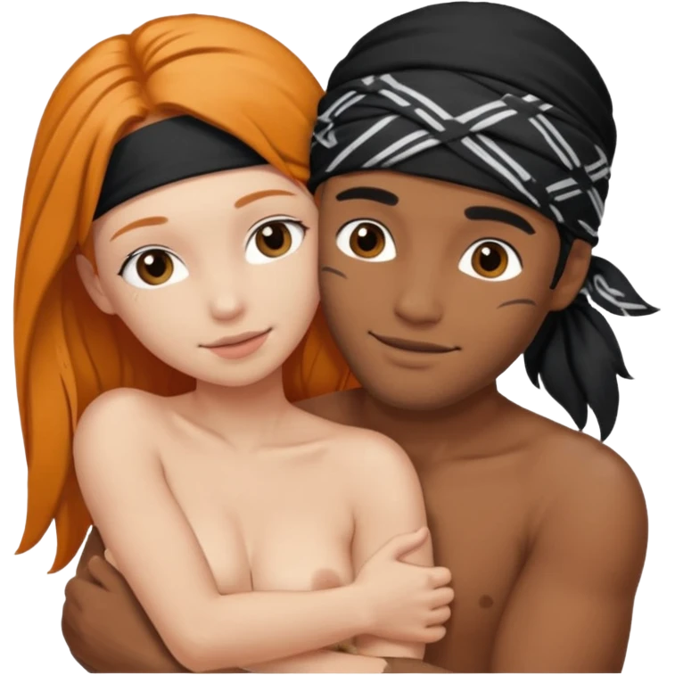 Brown guy with black hair with bandana on his head naked hugging a white girl with long ginger hair naked emoji