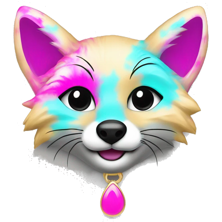 Tie dye beige gray fox in pink cyan magenta black gold jewellery emoji