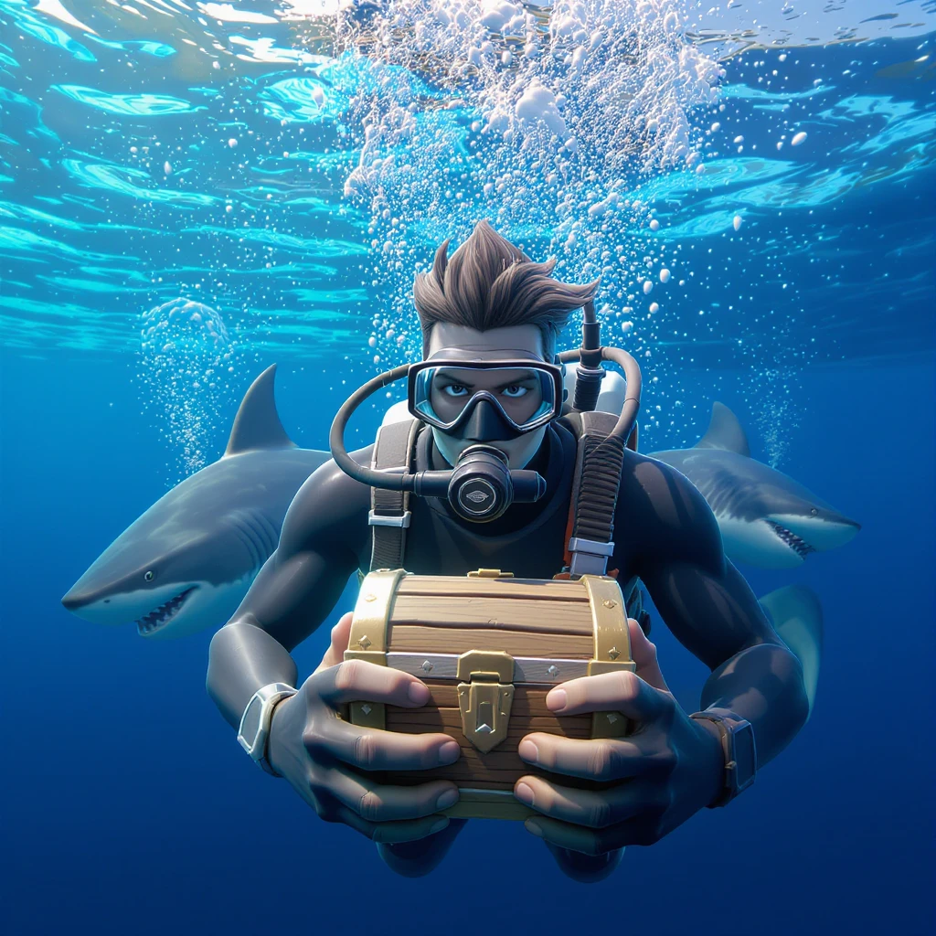 portrait, closeup, 3D, symmetrical, fortnite art style, diver holding chest underwater, happy shark swiming around him, blue crystal water, sunny day emoji