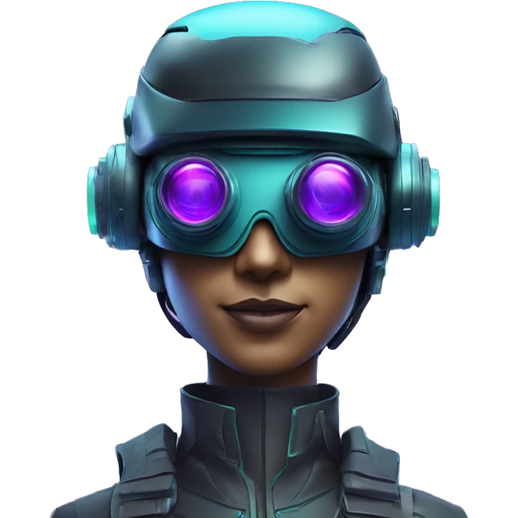 Secret human agent in a futuristic hat with in Apple VR goggles headset code display on the goggles , cyberpunk, cyan and purple colors, only upper body portrait, front facing the camera  emoji