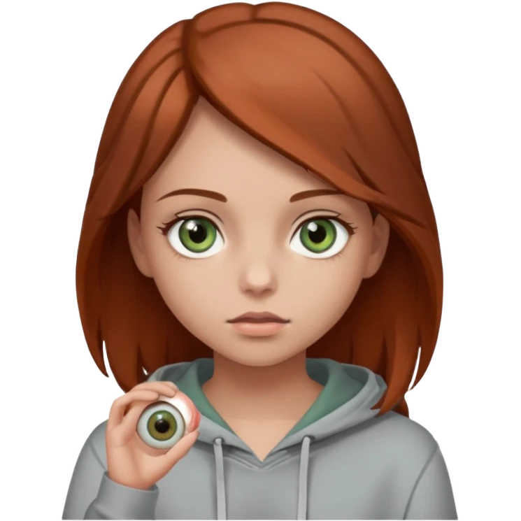 A girl with medium-length reddish-brown hair and hazel-green eyes, wearing a gray hoodie and holding an eyeball.  emoji