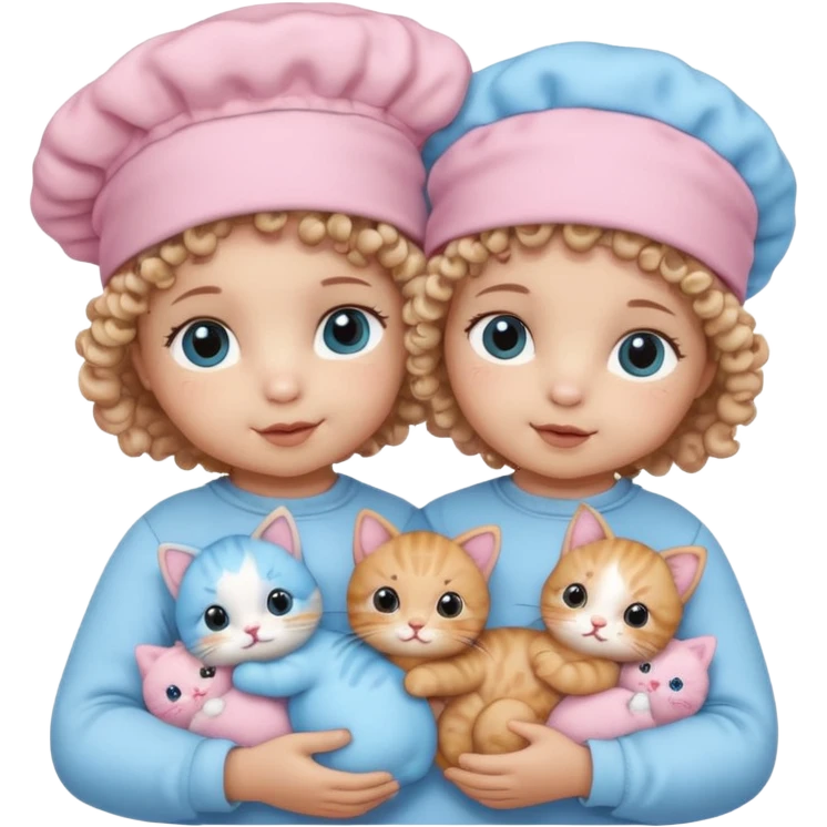Curly hair baby twins with one wearing a baby pink bonnet and one wearing a baby blue bonnet while holding cat plushies emoji