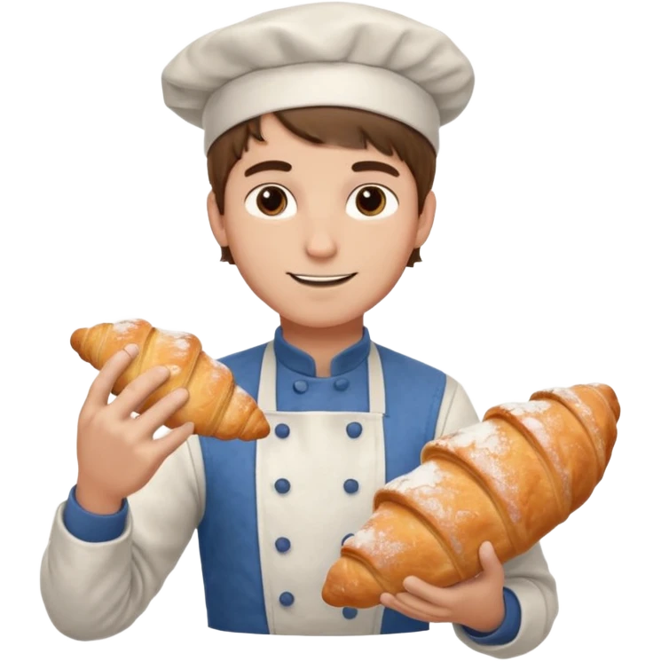 Young male baker – holding a croissant, flour on clothes

 emoji
