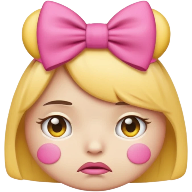 Pouting yellow face emoji with pink bow on head emoji