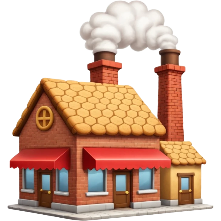 Small cartoon-style bakery factory with a red brick base, a single chimney puffing white smoke, cookie crates outside, emoji-style emoji
