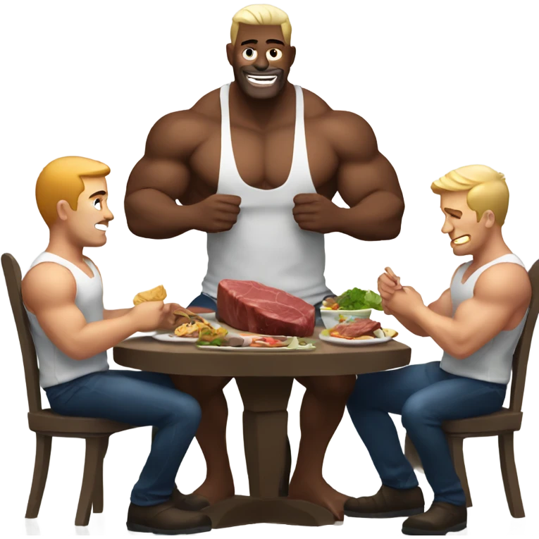 5 muscular white men sitting down eating steak emoji