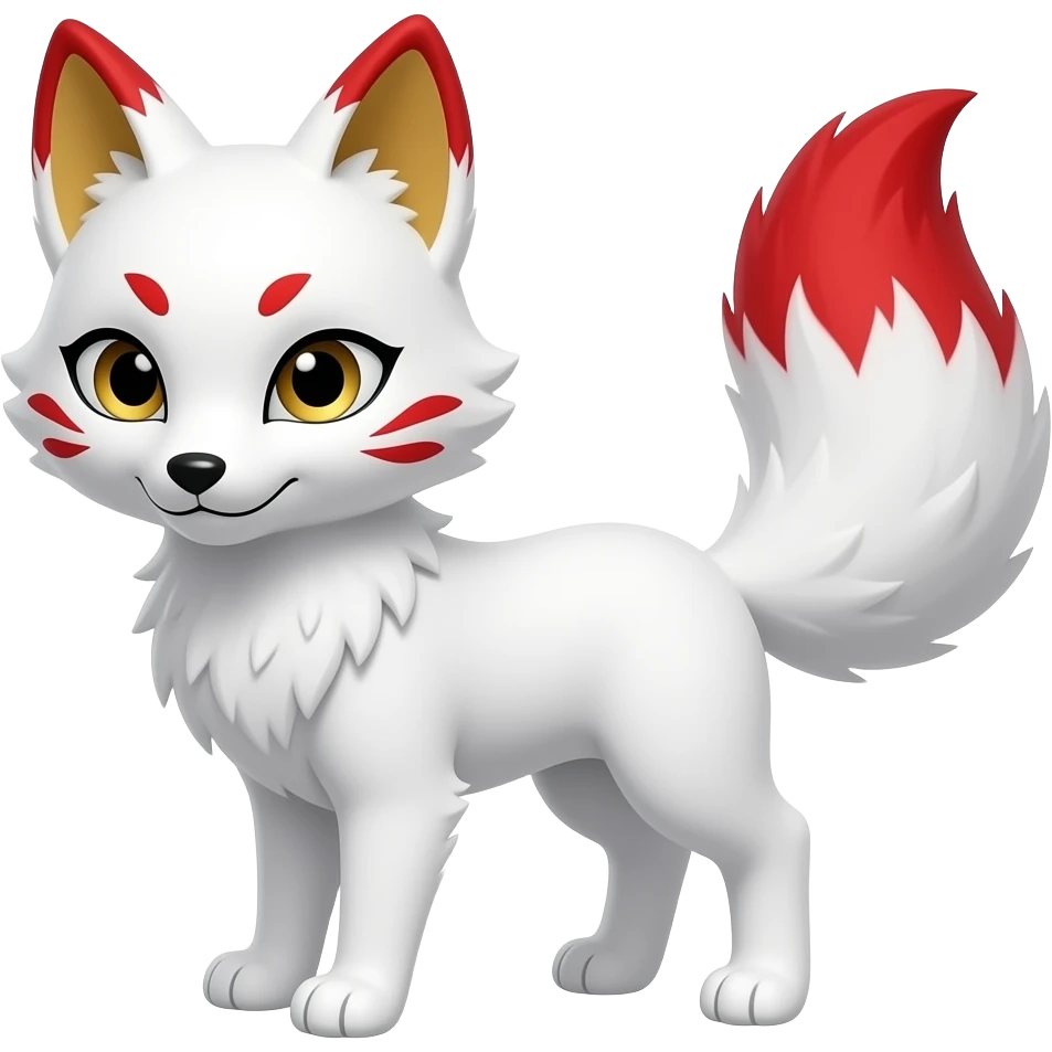 A white one-tailed Kitsune (Fox Form,) with red accents on his face, red and gold inside of his ears and pale golden eyes. Pure white paws, and a red tail tip. emoji