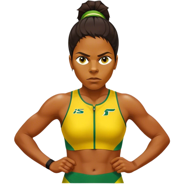 Cinematic Realistic portrait of Cathy Freeman, shown as an iconic Australian sprinter with a focused, determined expression and modern athletic yellow and green attire accented with subtle native motifs, rendered in dynamic, vibrant lighting emoji