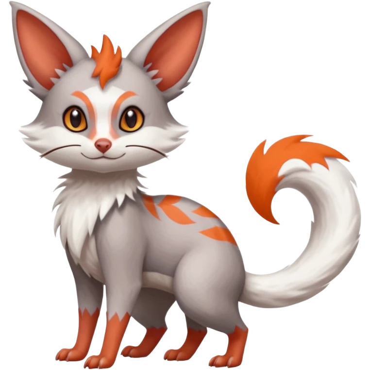Minccino-Lykoi-Emolga-Pachirisu-Zangoose-fusion-hybrid-animal-Fakémon-creature, full body, thin long sleek scaly tail, intricate markings emoji