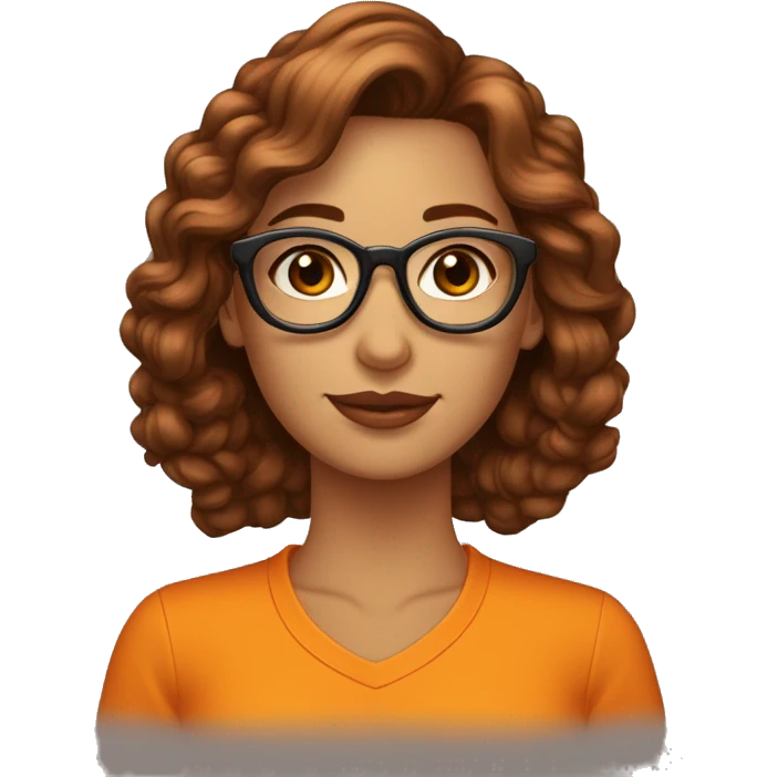 Mulher de cabelos médios encaracolados usando óculos de pele clara, com roupa laranja  emoji