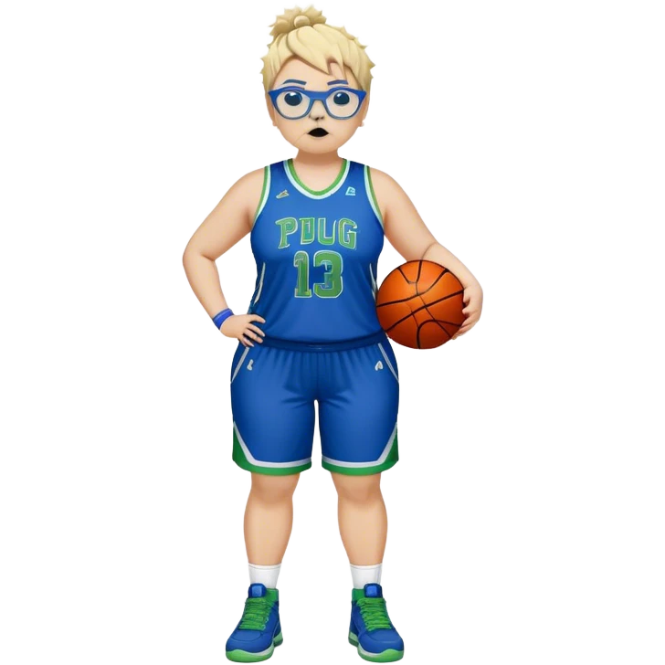 full body white plus size women basketball player pug nose with short spiky dark hair with added blond highlights wearing blue glasses wearing blue and green uniform emoji