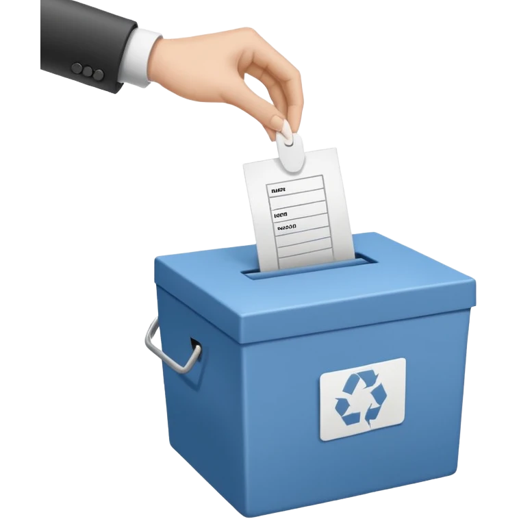 A neutral, generic symbolic image: A hand dropping a ballot paper into a simple, unmarked ballot box. The ballot shows three options only: ‘Ja, aber’, ‘Nein, aber’, and an empty field. n. emoji