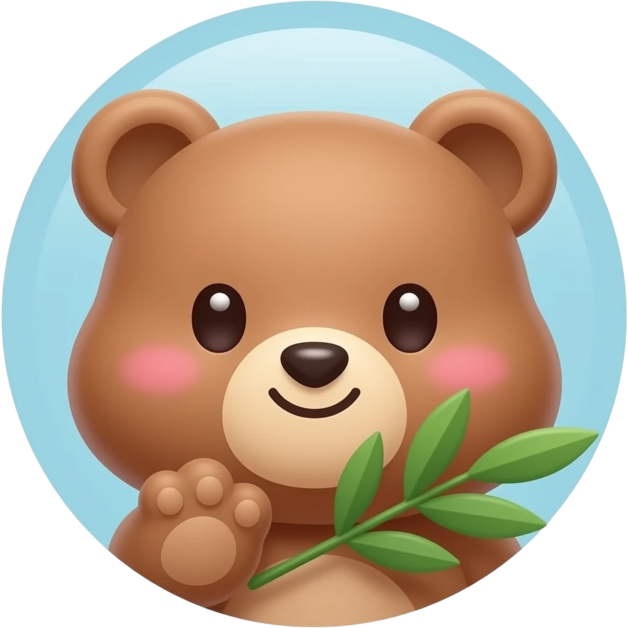 A cute kawaii cartoon bear face, chubby cheeks, big shiny eyes, small smile, holding a green olive branch in its mouth or paw, background is soft light blue or white, round emoji style, simple vector art, bright pastel colors, adorable, no shadows, flat design emoji