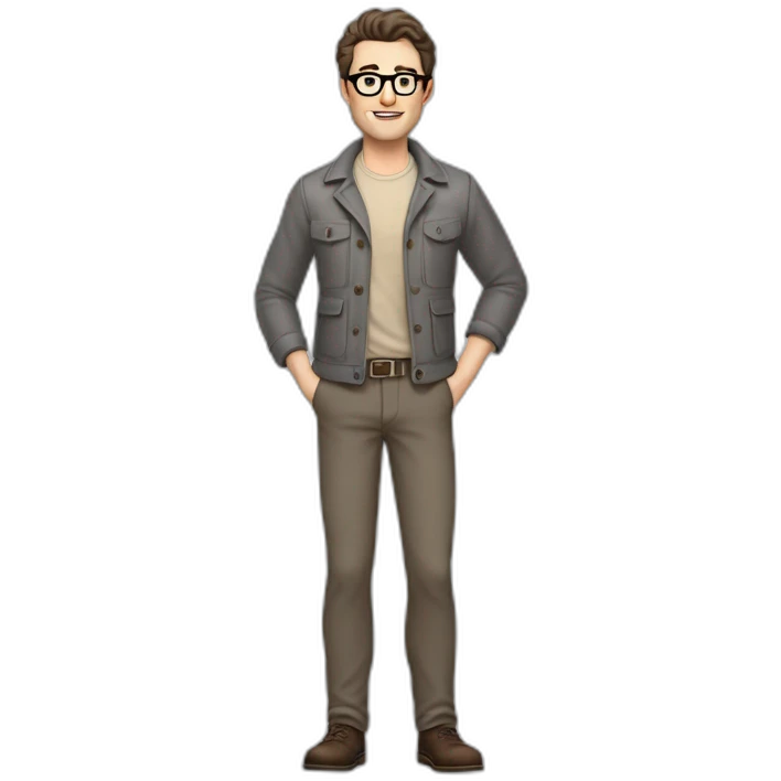 Full height Pale skinned Fit Man With dark brown hair in gray jacket, beige office shirt, gray vest, Brown pants and vintage glasses. Thrumbs of his palms directed up emoji