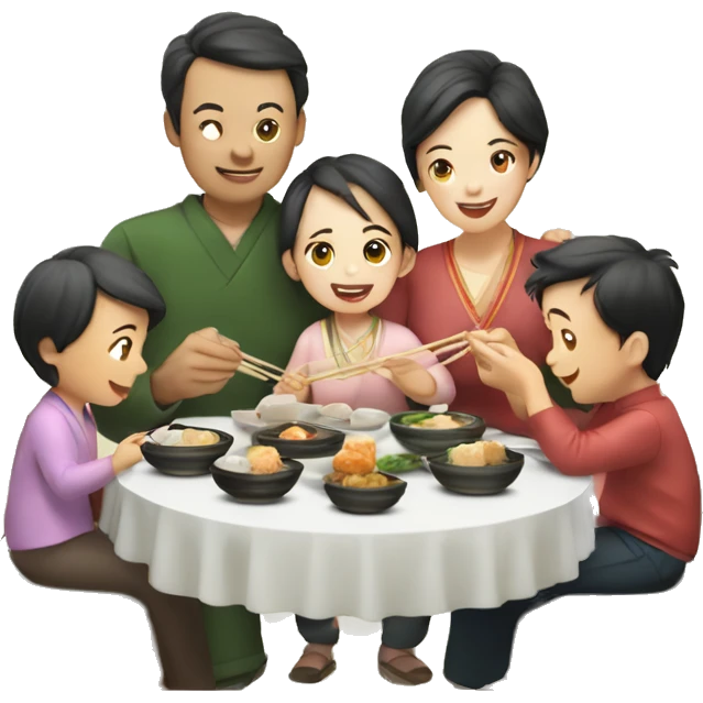 A family of 5 happily eating dim sum  emoji
