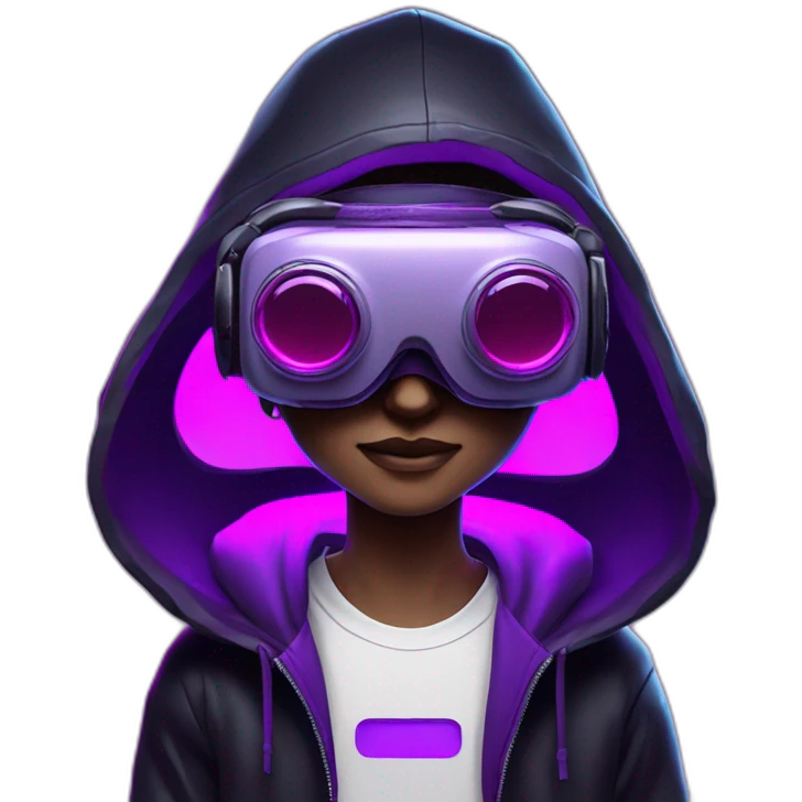 Cyberpunk style. Violet neon. Man with light skin in the black hoody with violet OMG VR logo on it wearing vr headset oculus quest 2 emoji